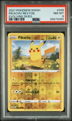 2021 POKEMON SWORD & SHIELD EVOLVING SKIES #049 PIKACHU-REVERSE FOIL PSA 8 - Image 1