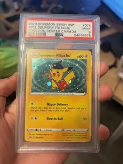 PSA 9 MINT(SWIRL) Special Delivery Pikachu Pokemon Center Canada Holo SWSH074 - Image 1