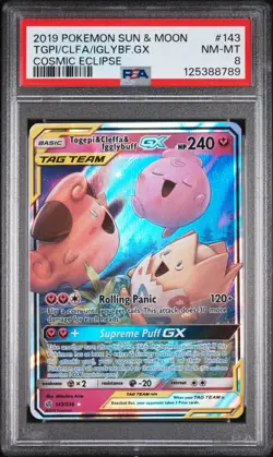 2019 POKEMON SUN & MOON COSMIC ECLIPSE #143 TOGEPI & CLEFFA & IGGLYBUFF GX PSA 8 - Image 1