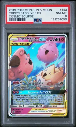 2019 POKEMON SUN & MOON COSMIC ECLIPSE #143 TOGEPI & CLEFFA & IGGLYBUFF GX PSA 8 - Image 1