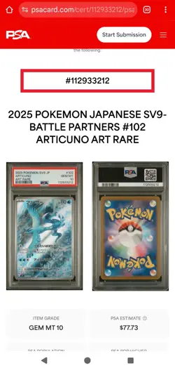 PSA 10 Articuno AR 102/100 sv9 Battle Partners GEM MINT Japanese Pokemon Card - Image 3