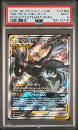 PSA 9 2019 POKEMON SM BLACK STAR PROMO #SM168 FULL ART/PIKACHU & ZEKROM GX - Image 1