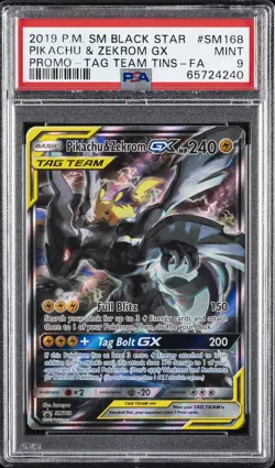 2019 POKEMON SM BLACK STAR PROMO #SM168 FULL ART/PIKACHU & ZEKROM GX PSA 9 - Image 1