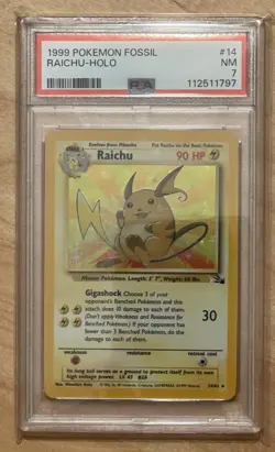 1999 POKEMON FOSSIL RAICHU HOLO CARD GRADED PSA 7 # 14/62 CHASE - Image 1