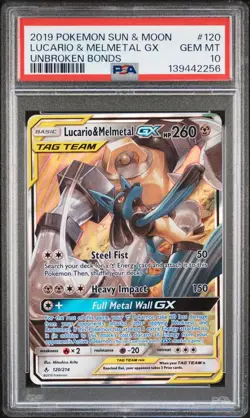 2019 POKEMON SUN & MOON UNBROKEN BONDS #120 LUCARIO & MELMETAL GX PSA 10 - Image 1