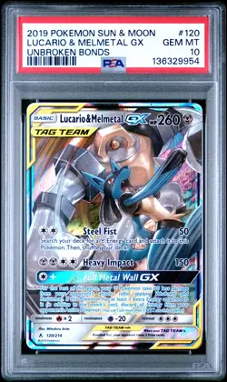 2019 POKEMON SUN & MOON UNBROKEN BONDS #120 LUCARIO & MELMETAL GX PSA 10 - Image 1