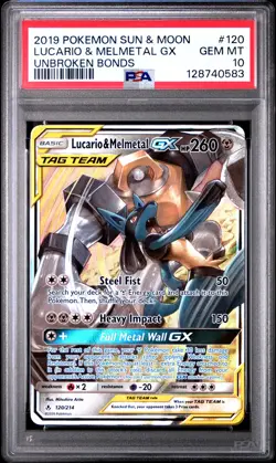 2019 POKEMON SUN & MOON UNBROKEN BONDS #120 LUCARIO & MELMETAL GX PSA 10 - Image 1
