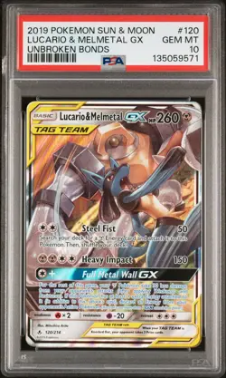 2019 POKEMON SUN & MOON UNBROKEN BONDS #120 LUCARIO & MELMETAL GX PSA 10 - Image 1