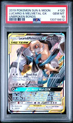 2019 POKEMON SUN & MOON UNBROKEN BONDS #120 LUCARIO & MELMETAL GX PSA 10 - Image 1
