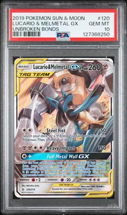 2019 POKEMON SUN & MOON UNBROKEN BONDS #120 LUCARIO & MELMETAL GX PSA 10 - Image 1