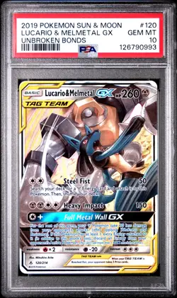 2019 POKEMON SUN & MOON UNBROKEN BONDS #120 LUCARIO & MELMETAL GX PSA 10 - Image 1