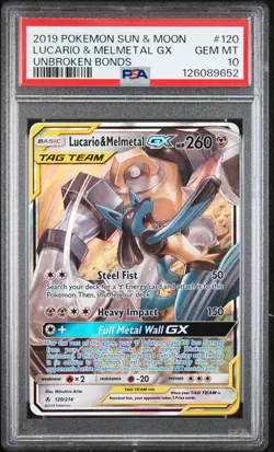 2019 POKEMON SUN & MOON UNBROKEN BONDS #120 LUCARIO & MELMETAL GX PSA 10 - Image 1