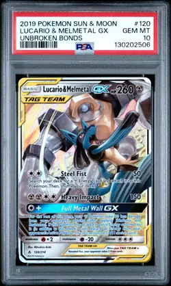 2019 POKEMON SUN & MOON UNBROKEN BONDS #120 LUCARIO & MELMETAL GX PSA 10 - Image 1