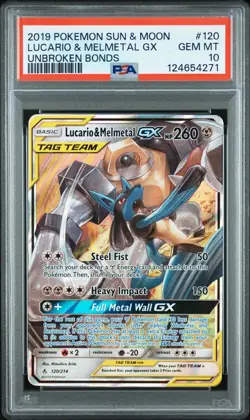 2019 POKEMON SUN & MOON UNBROKEN BONDS #120 LUCARIO & MELMETAL GX PSA 10 - Image 1