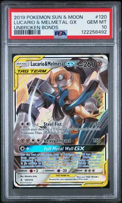 2019 POKEMON SUN & MOON UNBROKEN BONDS #120 LUCARIO & MELMETAL GX PSA 10 - Image 1