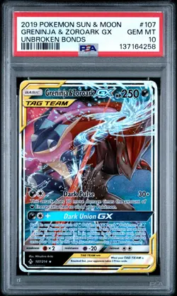 2019 POKEMON SUN & MOON UNBROKEN BONDS #107 GRENINJA & ZOROARK GX PSA 10 - Image 1