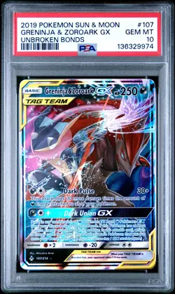 2019 POKEMON SUN & MOON UNBROKEN BONDS #107 GRENINJA & ZOROARK GX PSA 10 - Image 1