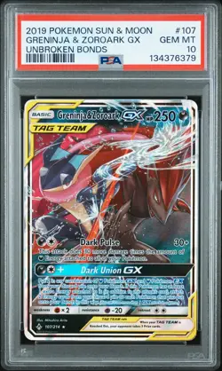 2019 POKEMON SUN & MOON UNBROKEN BONDS #107 GRENINJA & ZOROARK GX PSA 10 - Image 1
