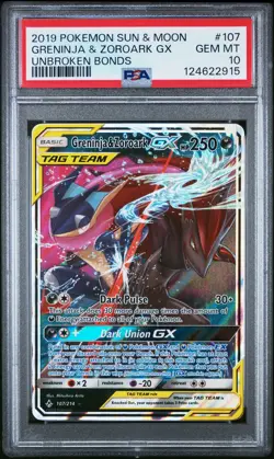 2019 POKEMON SUN & MOON UNBROKEN BONDS #107 GRENINJA & ZOROARK GX PSA 10 - Image 1