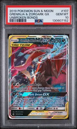 2019 POKEMON SUN & MOON UNBROKEN BONDS #107 GRENINJA & ZOROARK GX PSA 10 - Image 1