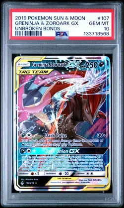 2019 POKEMON SUN & MOON UNBROKEN BONDS #107 GRENINJA & ZOROARK GX PSA 10 - Image 1