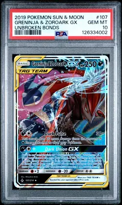 2019 POKEMON SUN & MOON UNBROKEN BONDS #107 GRENINJA & ZOROARK GX PSA 10 - Image 1