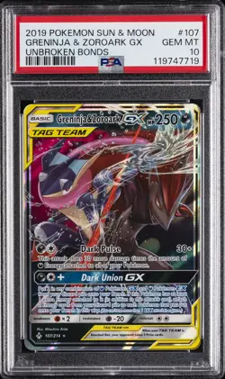 2019 POKEMON SUN & MOON UNBROKEN BONDS #107 GRENINJA & ZOROARK GX PSA 10 - Image 1
