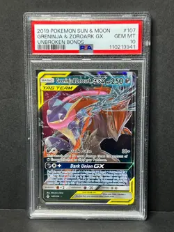 2019 Pokemon Sun & Moon Unbroken Bonds Greninja & Zoroark GX 107 PSA 10 - Image 1