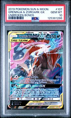 2019 POKEMON SUN & MOON UNBROKEN BONDS #107 GRENINJA & ZOROARK GX PSA 10 - Image 1