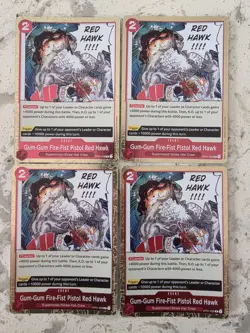 4x Playset One Piece CCG Foil Rare OP01-026 Gum-Gum Fire-Fist Pistol Red Hawk - Image 1