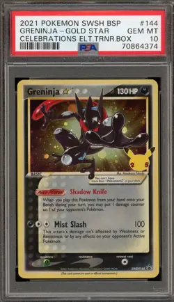 Pokemon Greninja Gold Star Celebrations ETB Black Star Holo Promo SWSH144 PSA 10 - Image 1