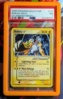 2005 POKEMON EX UNSEEN FORCES GOLD STAR #114 RAIKOU HOLO PSA 7 - Image 1