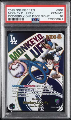 2025 ONE PIECE PROMOS DODGERS X ONE PIECE NIGHT #010 MONKEY D. LUFFY PSA 10 - Image 1