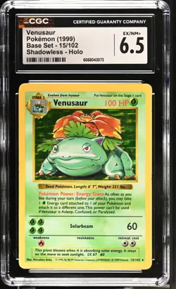 POKEMON CGC 6.5 Venusaur 15/102 1999 Base Set Rare Shadowless Holo *3073 - Image 1