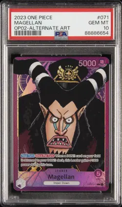 2023 ONE PIECE OP02-PARAMOUNT WAR ALTERNATE ART #071 MAGELLAN PSA 10 - Image 1