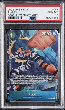 2023 ONE PIECE OP02-PARAMOUNT WAR ALTERNATE ART #058 BUGGY PSA 10 - Image 1