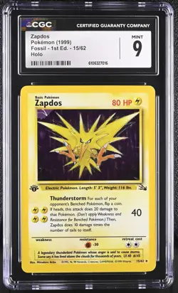 POKEMON 1999 FOSSIL 1st Edition ZAPDOS Holo RARE #15 ⭐CGC 9 MINT⭐ - Image 1