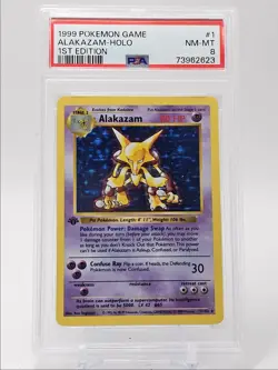 ALAKAZAM 1999 POKEMON GAME 1ST EDITION HOLO RARE 1/102 PSA 8 Q0907 - Image 1