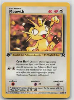 1st Edition Vintage Pokemon Card Meowth Common Team Rocket 62/82 VLP - Image 1