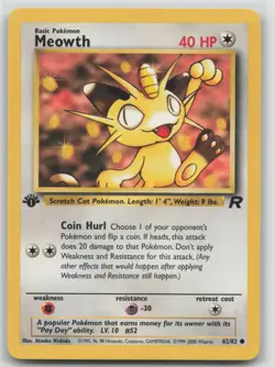 1st Edition Vintage Pokemon Card Meowth Common Team Rocket 62/82 VLP - Image 1