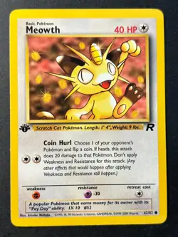 Meowth 62/82 1st Edition Rare Team Rocket - WOTC Pokemon Card C Near Mint - Image 1