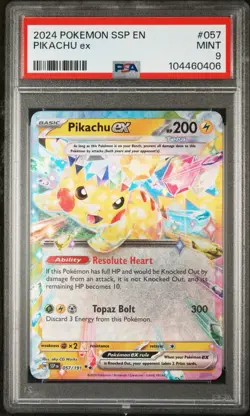 2024 POKEMON SSP EN-SURGING SPARKS #057 PIKACHU EX PSA 9 Card Mint - Image 1