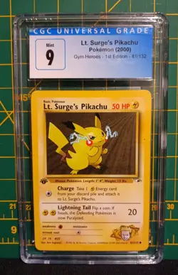 CGC Mint 9 2000 Pokemon Lt. Surge's Pikachu Gym Heroes 1st Edition 81/132 - Image 1