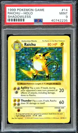 PSA 9 Raichu Shadowless Base Set 14/102 Unlimited Pokemon Card MINT Holo - Image 1