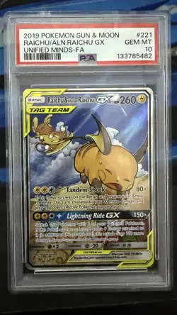 Raichu & Alolan Raichu GX - ALT ART 221/236 S&M Unified Minds PSA 10 GEM MINT - Image 1