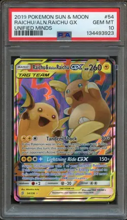 Raichu & Alolan Raichu GX 54/236 Unified Minds PSA 10 Gem Mint Pokemon Card - Image 1