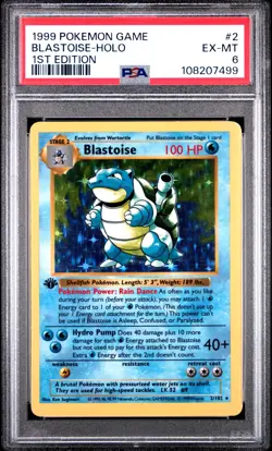 1st Edition PSA 6 Shadowless Blastoise Base Set 2/102 Holo 1999 Pokemon EX Mint - Image 1