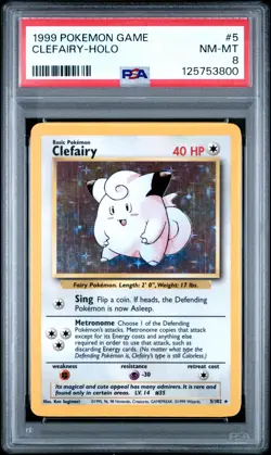 1999 POKEMON BASE SET UNLIMITED #5 CLEFAIRY-HOLO PSA 8 - Image 1