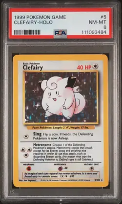1999 POKEMON BASE SET UNLIMITED #5 CLEFAIRY-HOLO PSA 8 - Image 1