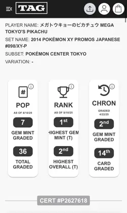 TAG 10 Mega Tokyo's Pikachu 098/XY-P XY Promo 2014 Japanese Pokemon Card POP 7!! - Image 3